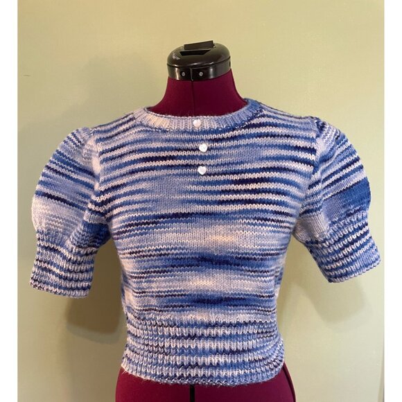 Vintage 1970s Hand Knitted Blue Variegated Crop Sweater Small - Picture 8 of 9